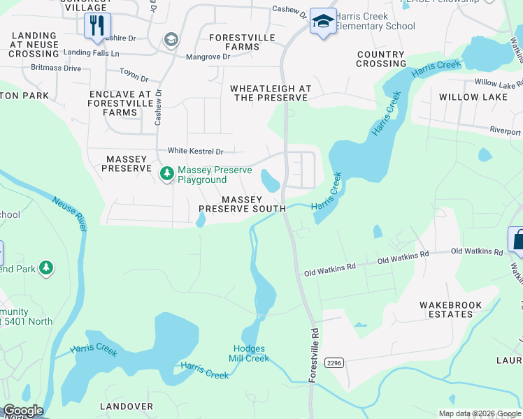 map of restaurants, bars, coffee shops, grocery stores, and more near 3401 Grosbeak Way in Raleigh