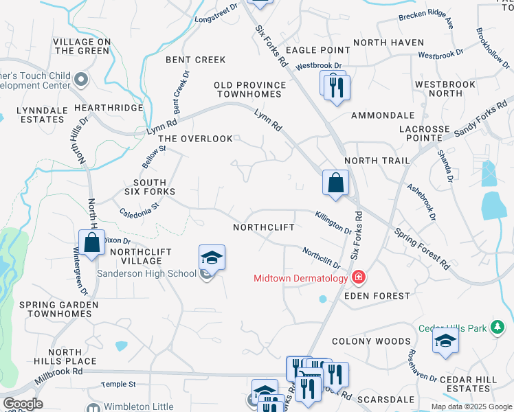 map of restaurants, bars, coffee shops, grocery stores, and more near 512 Killington Dr in Raleigh