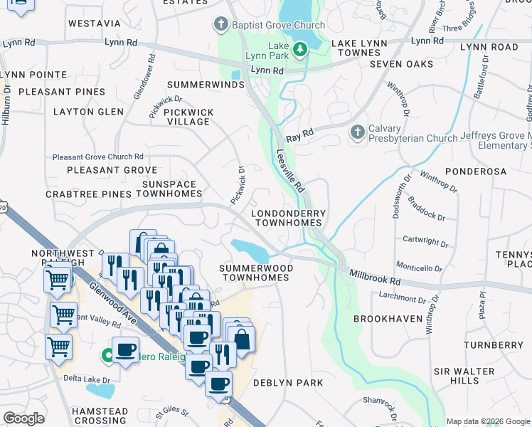 map of restaurants, bars, coffee shops, grocery stores, and more near 6159 Bushmills Street in Raleigh