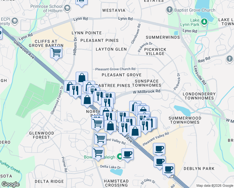 map of restaurants, bars, coffee shops, grocery stores, and more near 4316 Pine Springs Court in Raleigh