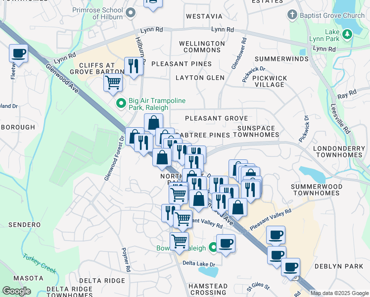 map of restaurants, bars, coffee shops, grocery stores, and more near 4633 Pine Trace Drive in Raleigh