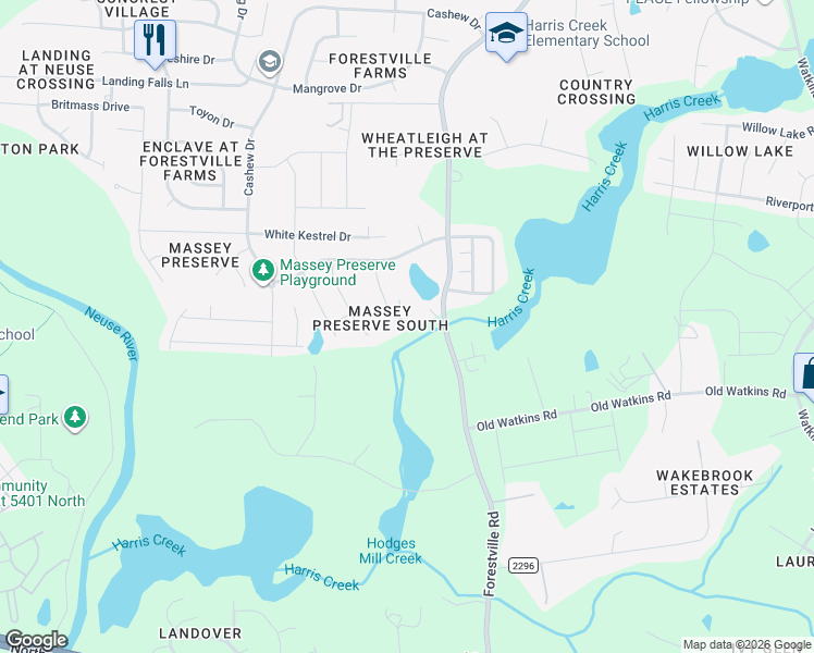 map of restaurants, bars, coffee shops, grocery stores, and more near 3401 Grosbeak Way in Raleigh