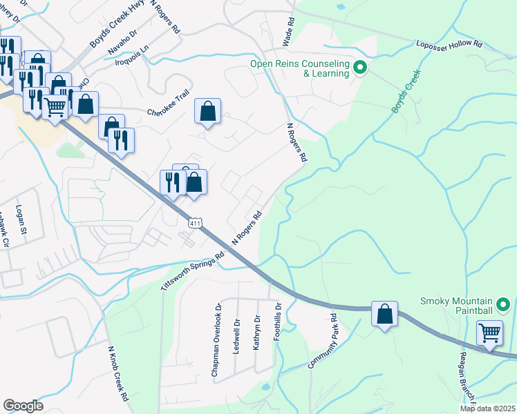 map of restaurants, bars, coffee shops, grocery stores, and more near 606 Mountain View Villas Way in Seymour