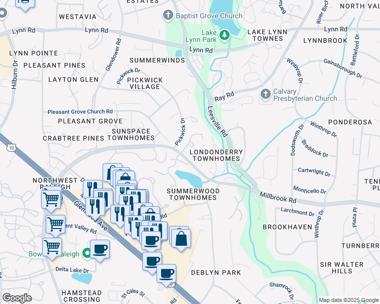map of restaurants, bars, coffee shops, grocery stores, and more near 4000 Twickenham Court in Raleigh