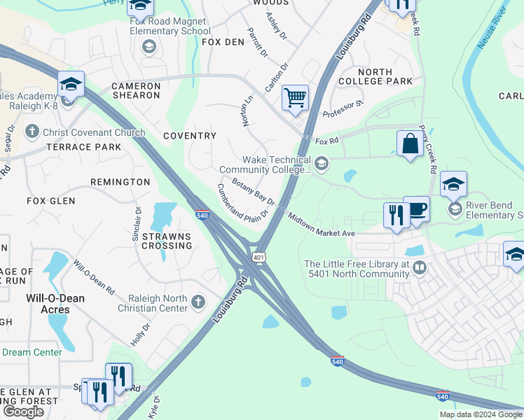map of restaurants, bars, coffee shops, grocery stores, and more near 5509 Cumberland Plain Drive in Raleigh