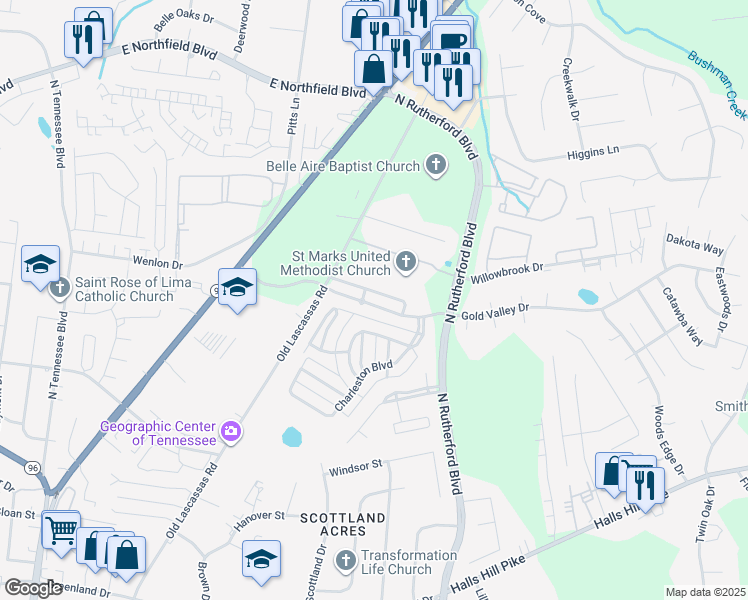 map of restaurants, bars, coffee shops, grocery stores, and more near 2161 Gold Valley Drive in Murfreesboro