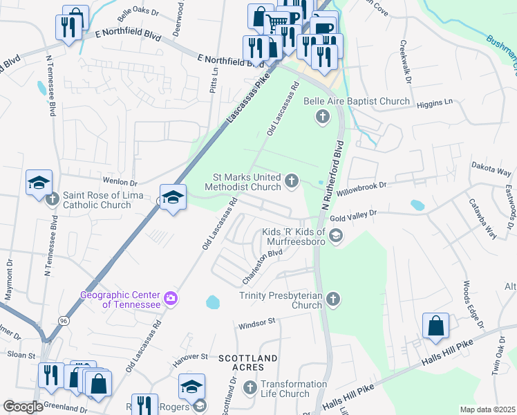 map of restaurants, bars, coffee shops, grocery stores, and more near 2141 Gold Valley Drive in Murfreesboro