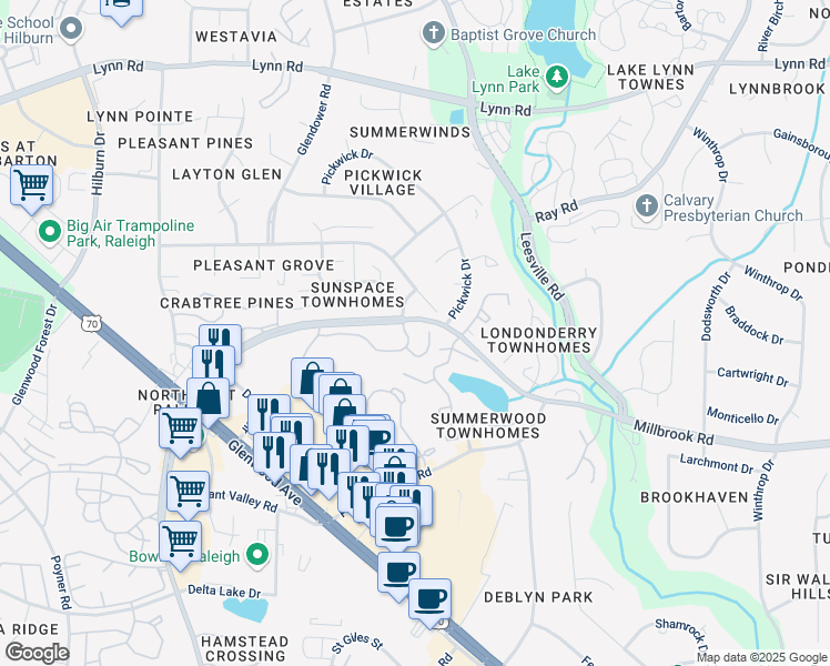 map of restaurants, bars, coffee shops, grocery stores, and more near 6111 Grove Crabtree Crescent in Raleigh