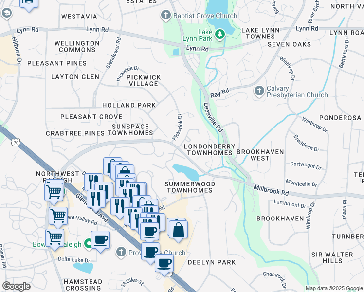 map of restaurants, bars, coffee shops, grocery stores, and more near 4016 Twickenham Court in Raleigh