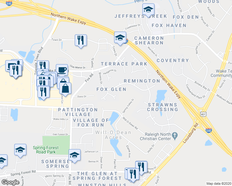 map of restaurants, bars, coffee shops, grocery stores, and more near 6205 Houndsman Court in Raleigh