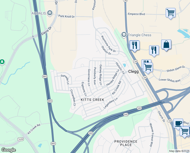 map of restaurants, bars, coffee shops, grocery stores, and more near Pemberly Avenue in Morrisville