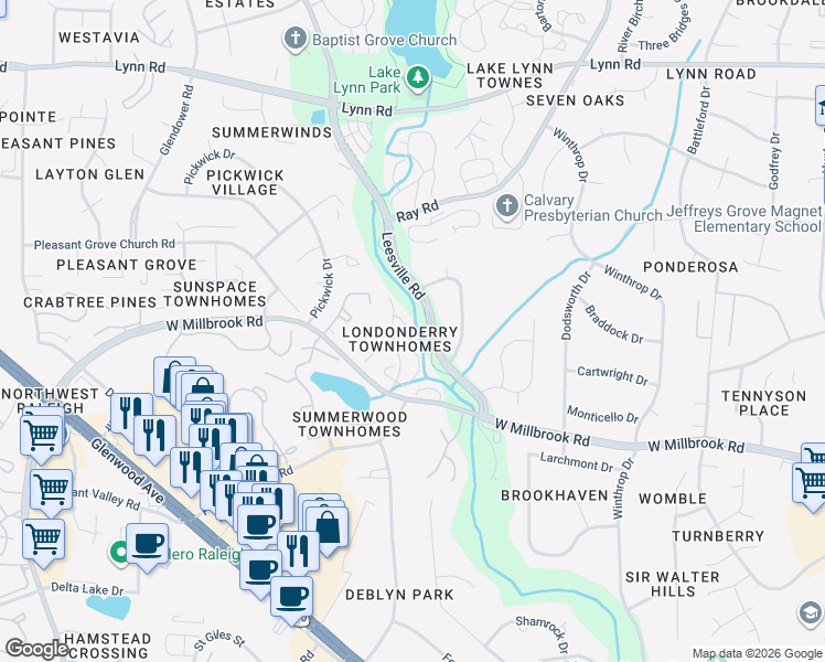map of restaurants, bars, coffee shops, grocery stores, and more near 6160 Loch Laural Lane in Raleigh