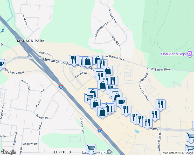 map of restaurants, bars, coffee shops, grocery stores, and more near 2877 Medical Center Parkway in Murfreesboro