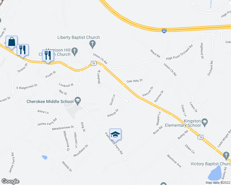 map of restaurants, bars, coffee shops, grocery stores, and more near Virginia Street in Kingston