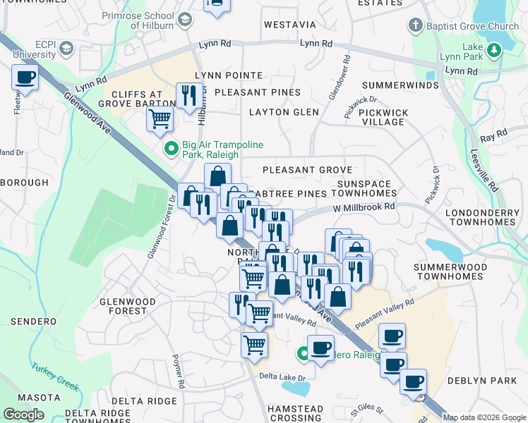 map of restaurants, bars, coffee shops, grocery stores, and more near 4633 Pine Trace Drive in Raleigh