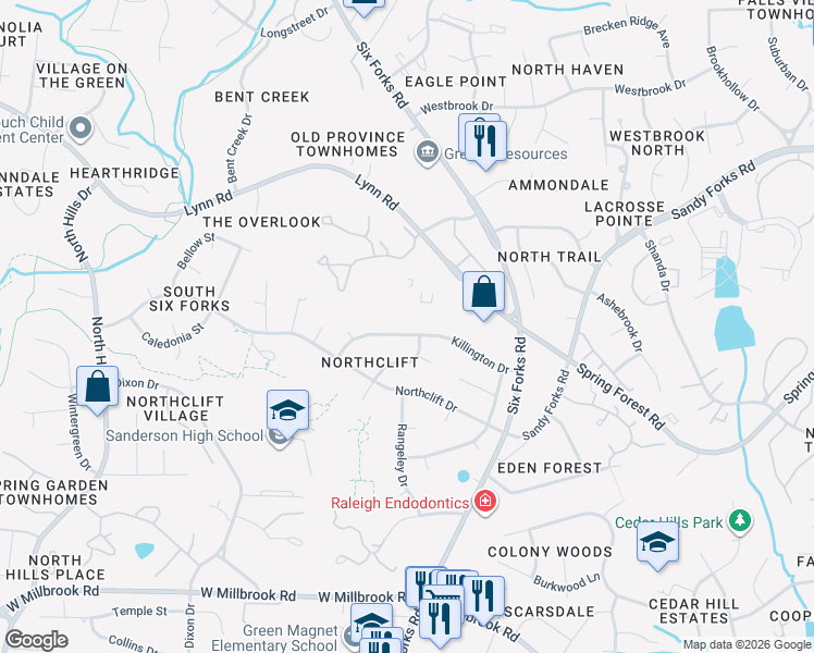 map of restaurants, bars, coffee shops, grocery stores, and more near 408 Killington Drive in Raleigh