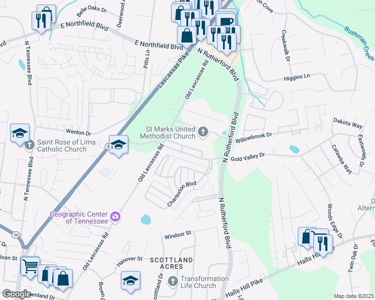 map of restaurants, bars, coffee shops, grocery stores, and more near 2141 Gold Valley Drive in Murfreesboro
