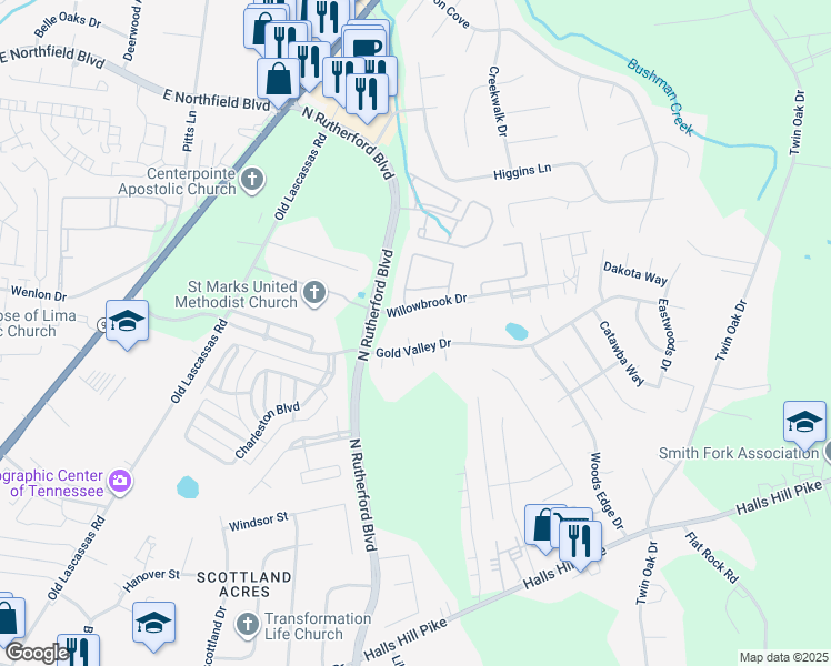 map of restaurants, bars, coffee shops, grocery stores, and more near 1306 Pearl Knob Court in Murfreesboro