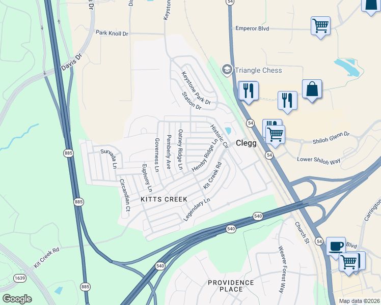 map of restaurants, bars, coffee shops, grocery stores, and more near 1110 Oatney Ridge Lane in Morrisville