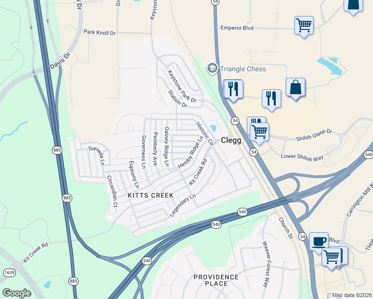 map of restaurants, bars, coffee shops, grocery stores, and more near 108 Heartsease Lane in Morrisville