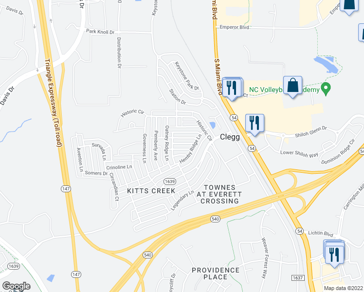 map of restaurants, bars, coffee shops, grocery stores, and more near 116 Heartsease Lane in Morrisville
