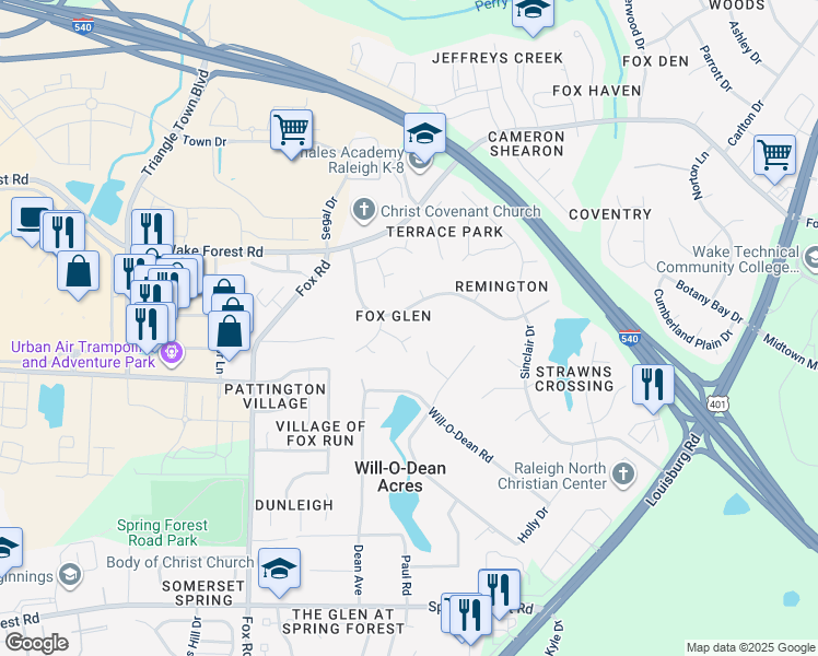 map of restaurants, bars, coffee shops, grocery stores, and more near 6205 Houndsman Court in Raleigh