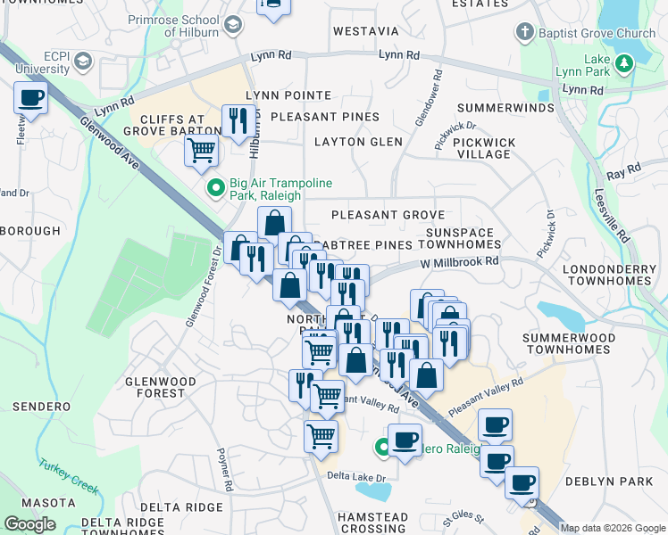 map of restaurants, bars, coffee shops, grocery stores, and more near 4633 Pine Trace Drive in Raleigh