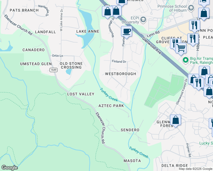 map of restaurants, bars, coffee shops, grocery stores, and more near 6017 Westborough Drive in Raleigh
