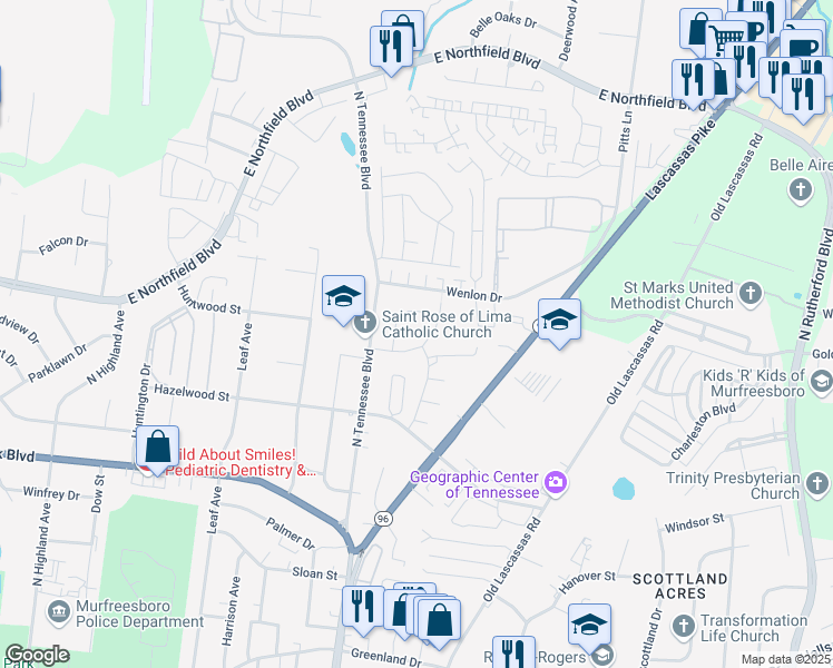 map of restaurants, bars, coffee shops, grocery stores, and more near 1606 North Tennessee Boulevard in Murfreesboro