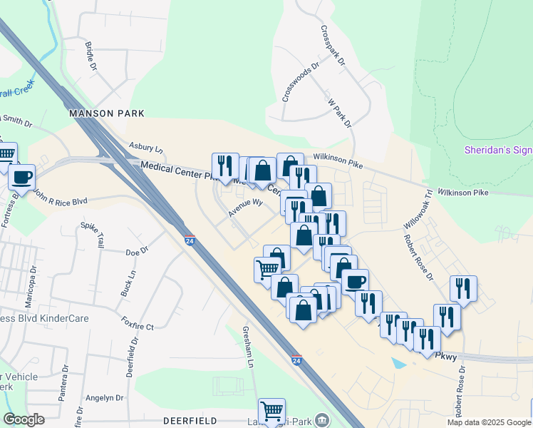 map of restaurants, bars, coffee shops, grocery stores, and more near 2877 Medical Center Parkway in Murfreesboro