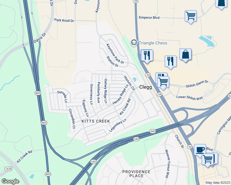map of restaurants, bars, coffee shops, grocery stores, and more near 116 Heartsease Lane in Morrisville