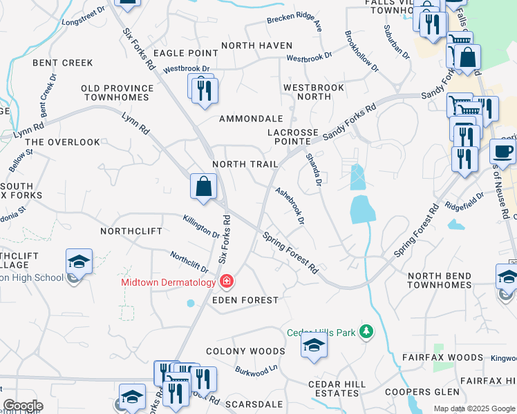 map of restaurants, bars, coffee shops, grocery stores, and more near 208 Windfield Court in Raleigh