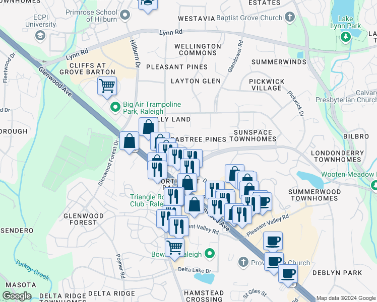 map of restaurants, bars, coffee shops, grocery stores, and more near 4633 Pine Trace Drive in Raleigh