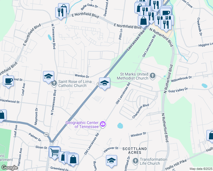 map of restaurants, bars, coffee shops, grocery stores, and more near 1658 Lascassas Pike in Murfreesboro