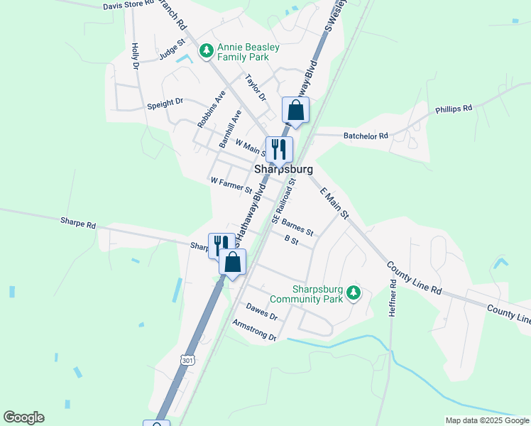map of restaurants, bars, coffee shops, grocery stores, and more near West Railroad Street in Rocky Mount