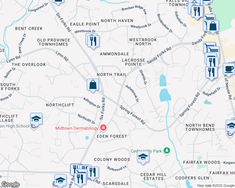 map of restaurants, bars, coffee shops, grocery stores, and more near 208 Windfield Court in Raleigh