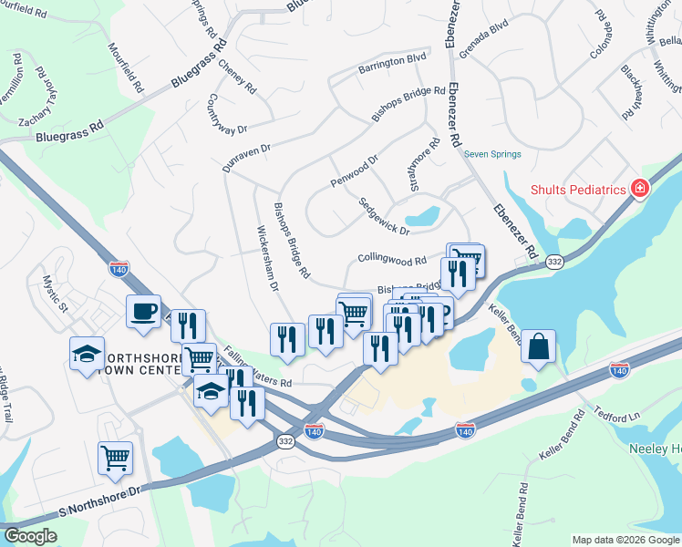 map of restaurants, bars, coffee shops, grocery stores, and more near 9343 Collingwood Road in Knoxville