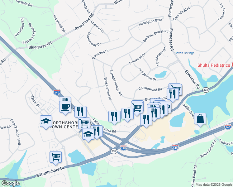 map of restaurants, bars, coffee shops, grocery stores, and more near 2114 Bishops Bridge Rd in Knoxville