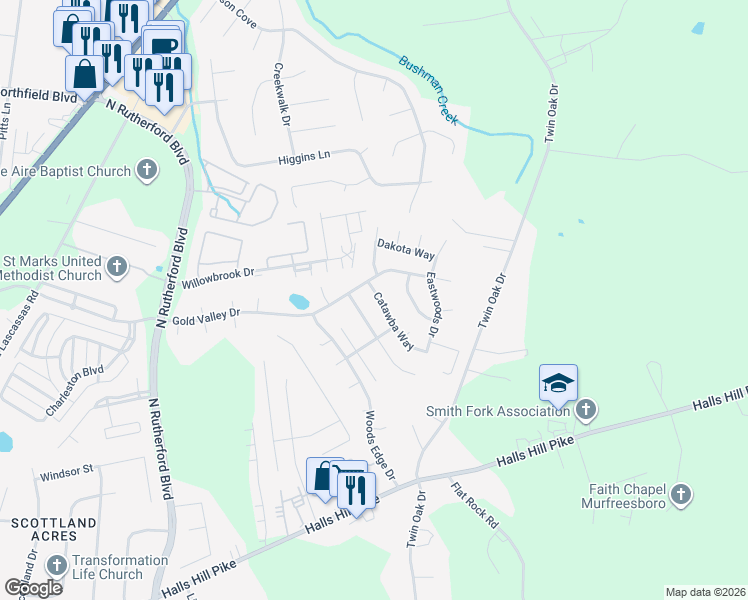 map of restaurants, bars, coffee shops, grocery stores, and more near 1238 Catawba Way in Murfreesboro
