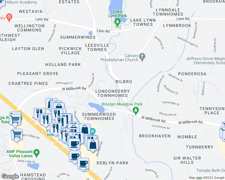map of restaurants, bars, coffee shops, grocery stores, and more near 6161 Loch Laural Lane in Raleigh