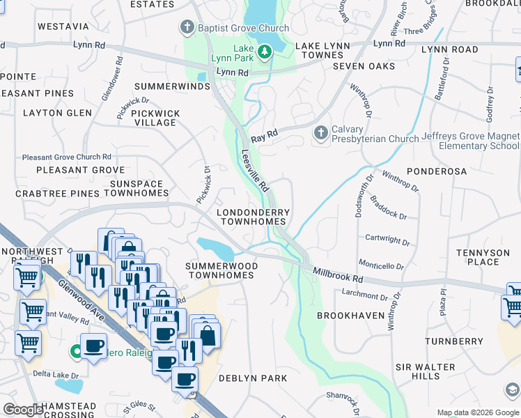 map of restaurants, bars, coffee shops, grocery stores, and more near 6160 Loch Laural Lane in Raleigh