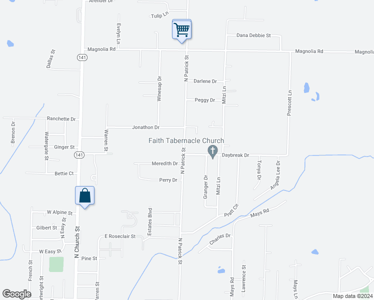 map of restaurants, bars, coffee shops, grocery stores, and more near 1700 North Patrick Street in Jonesboro