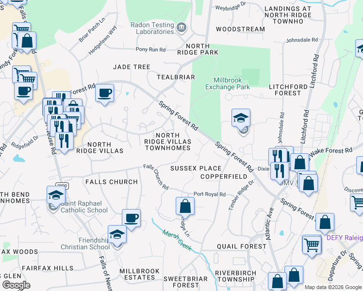 map of restaurants, bars, coffee shops, grocery stores, and more near 6013 Sentinel Drive in Raleigh