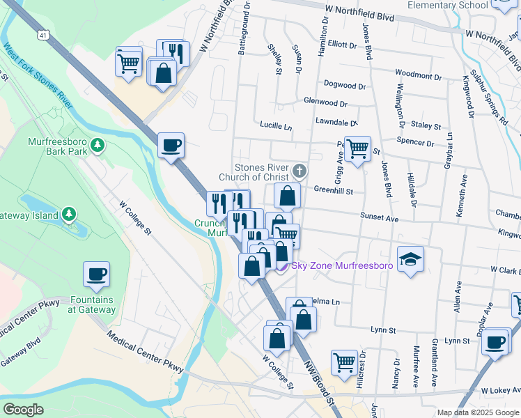 map of restaurants, bars, coffee shops, grocery stores, and more near 1215 Sunset Avenue in Murfreesboro