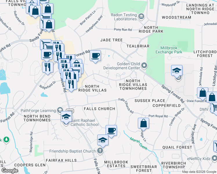 map of restaurants, bars, coffee shops, grocery stores, and more near 1413 Mapleside Court in Raleigh