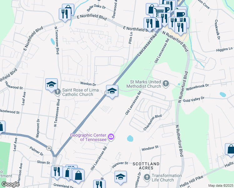 map of restaurants, bars, coffee shops, grocery stores, and more near 1658 Lascassas Pike in Murfreesboro