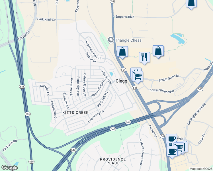 map of restaurants, bars, coffee shops, grocery stores, and more near 6108 Kit Creek Road in Morrisville