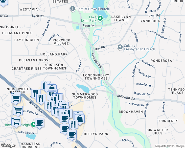 map of restaurants, bars, coffee shops, grocery stores, and more near 6159 Bushmills St in Raleigh
