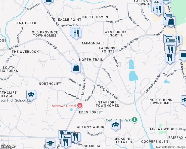 map of restaurants, bars, coffee shops, grocery stores, and more near 204 Windfield Court in Raleigh