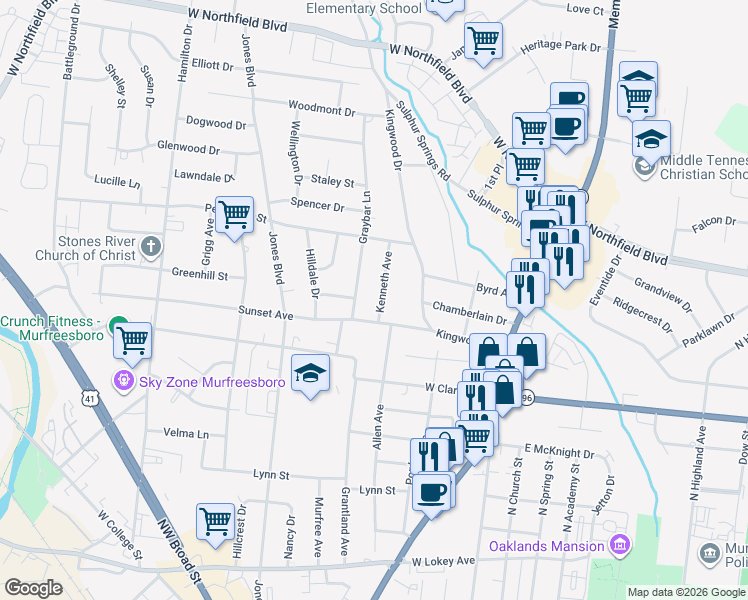 map of restaurants, bars, coffee shops, grocery stores, and more near 1515 Kenneth Avenue in Murfreesboro